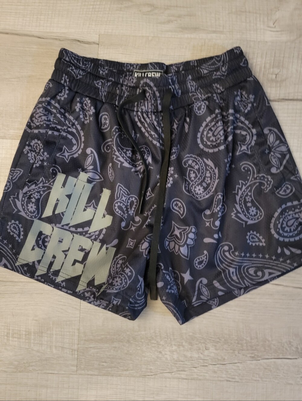 Kill Crew Black Paisley Athletic Shorts with Gray 'Kill Crew' Graphic